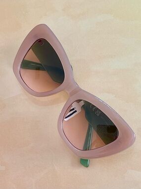 Free People Chunky Pink Frame Sunglasses with Green Temples- Brown lenses
